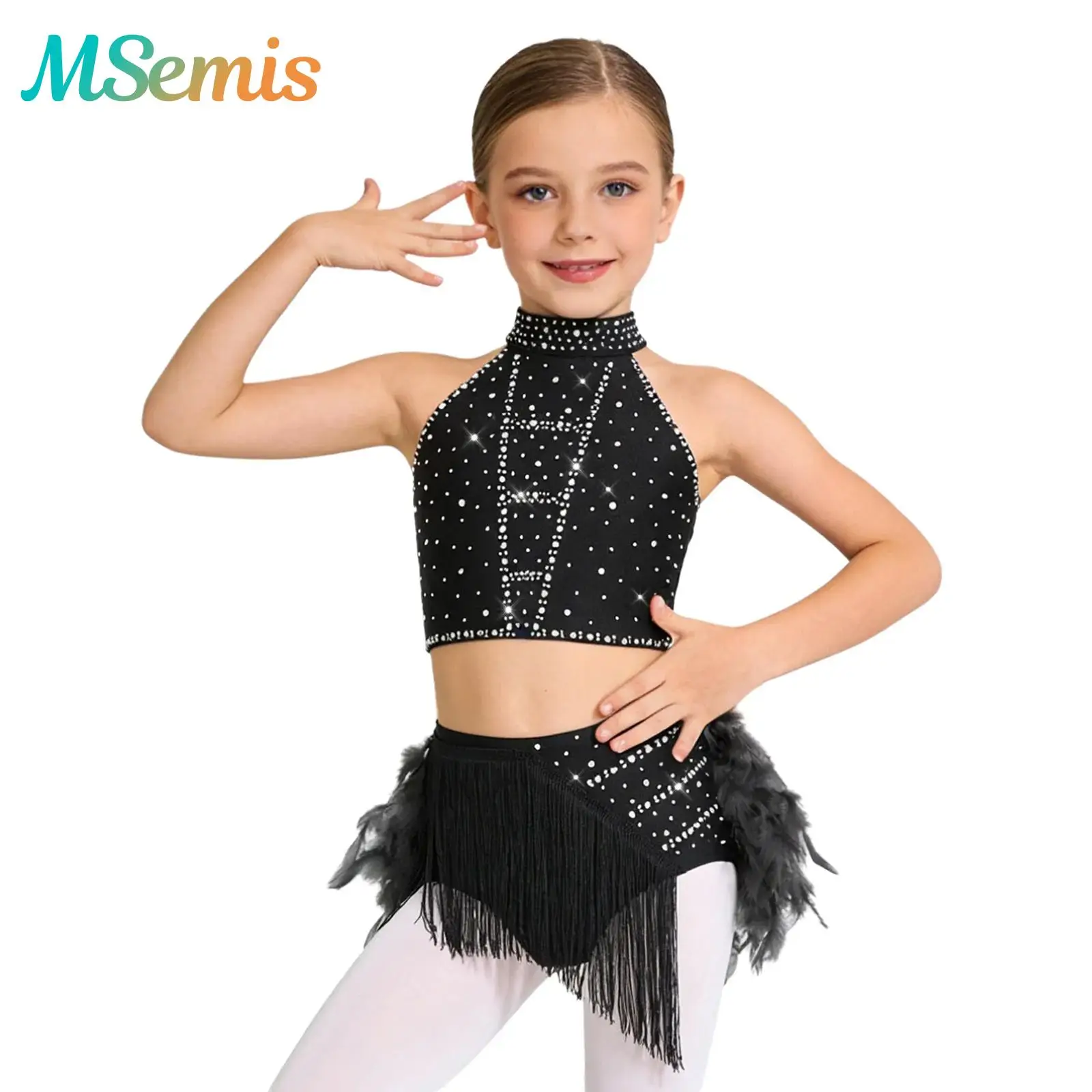 

Kids Girls Halter Crop Top with Tassels Feather Skirt Gymnastics Latin Samba Rumba Cha-Cha Dance Outfit Performance Costume