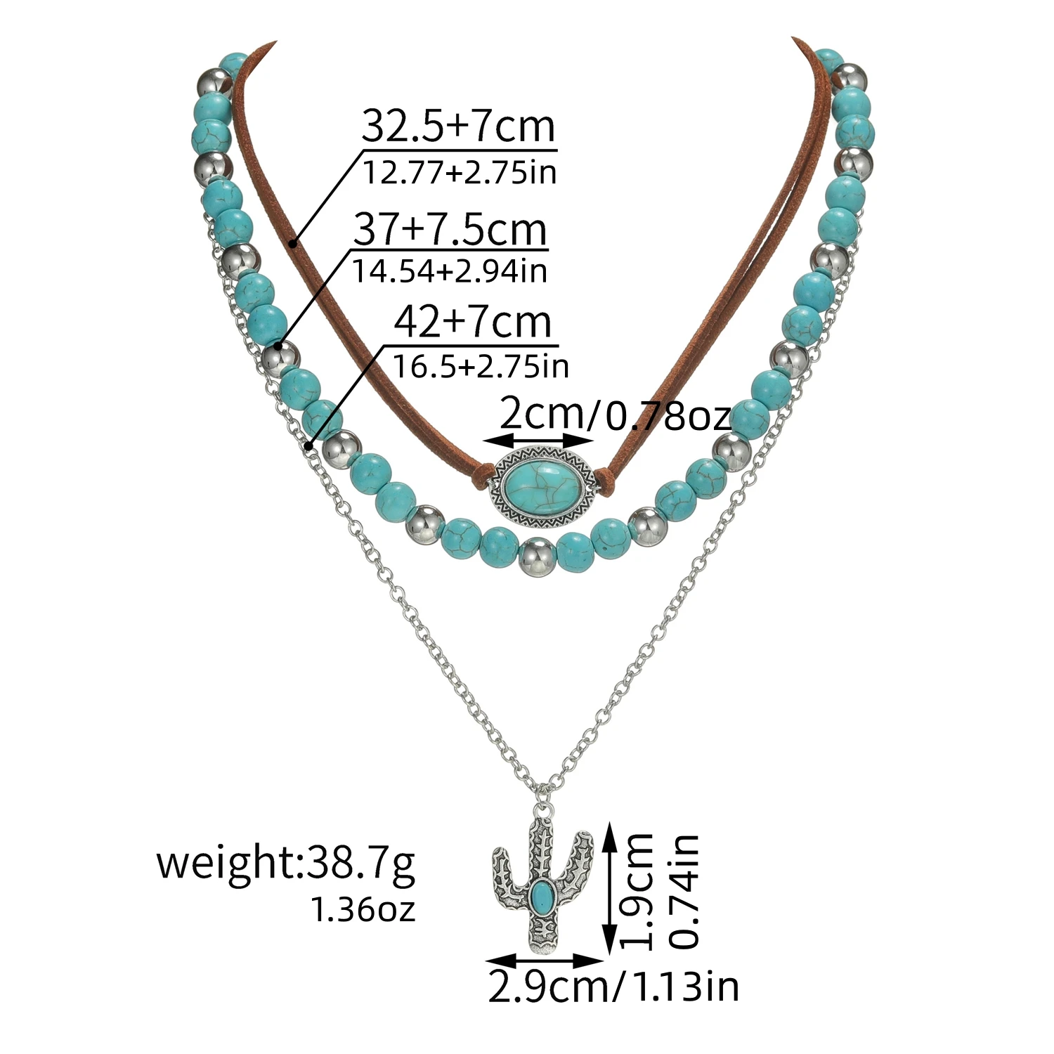 3-piece Bohemian style alloy cactus pendant necklace with multi-layer layered turquoise beaded velvet woven women\'s necklace