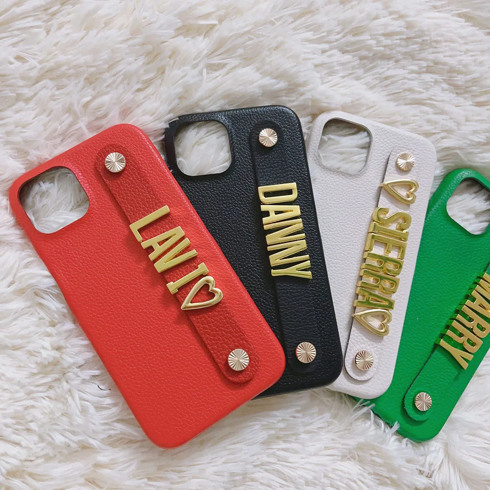 Holding Strap Metal Personalization Your Name Pebble Grain Leather Phone Case For iPhone 11 12 13 14 Pro XS Max XR 7 8Plus Cover