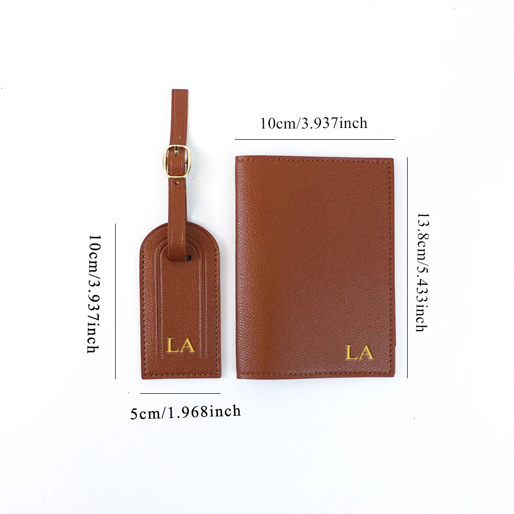 Étiquette de bagage anti-perte en cuir pu avec lettre personnalisée + ensemble de deux pièces pour porte-documents et passeports de voyage
