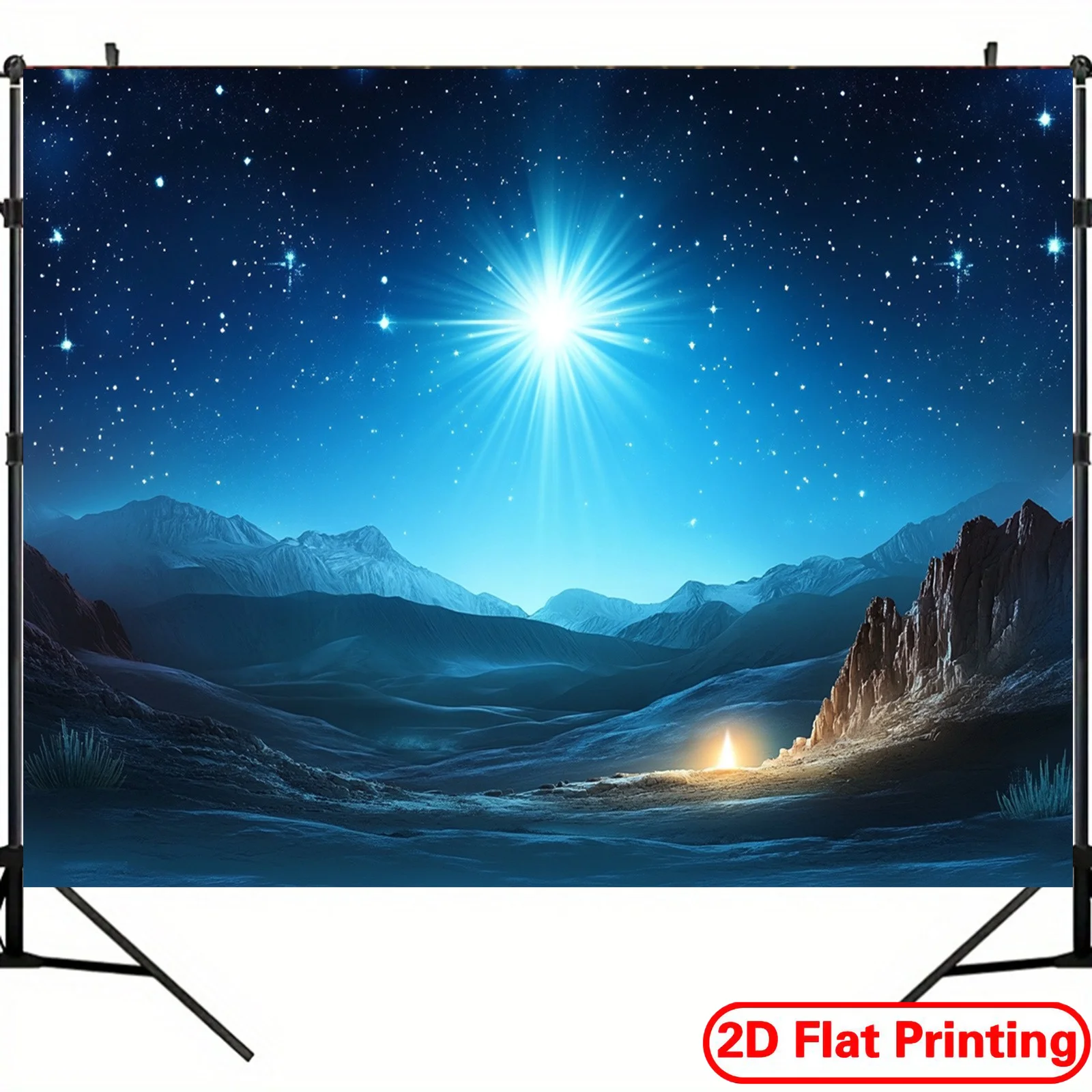 لافتة خلفية مسطحة ثنائية الأبعاد لعيد الميلاد - مشهد نجمة المهد والمهد، حفلة دينية من البوليستر