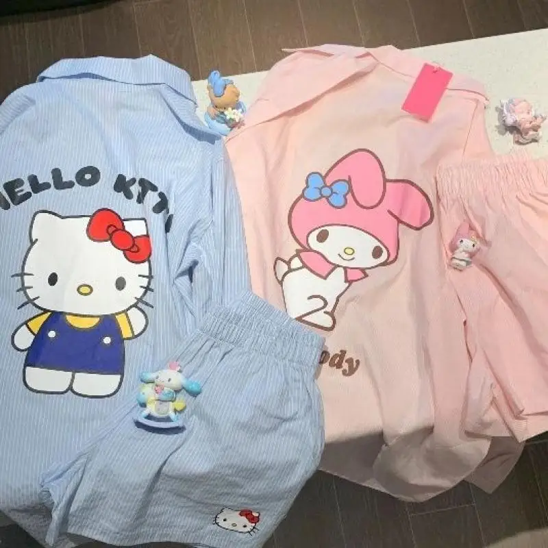 Hello Kitty Melody Casual Stripe Shirt Anime Cartoon Sanrio Girls Shirt Shorts Long-Sleeved Shirt Student Cotton Tops Home Sleep