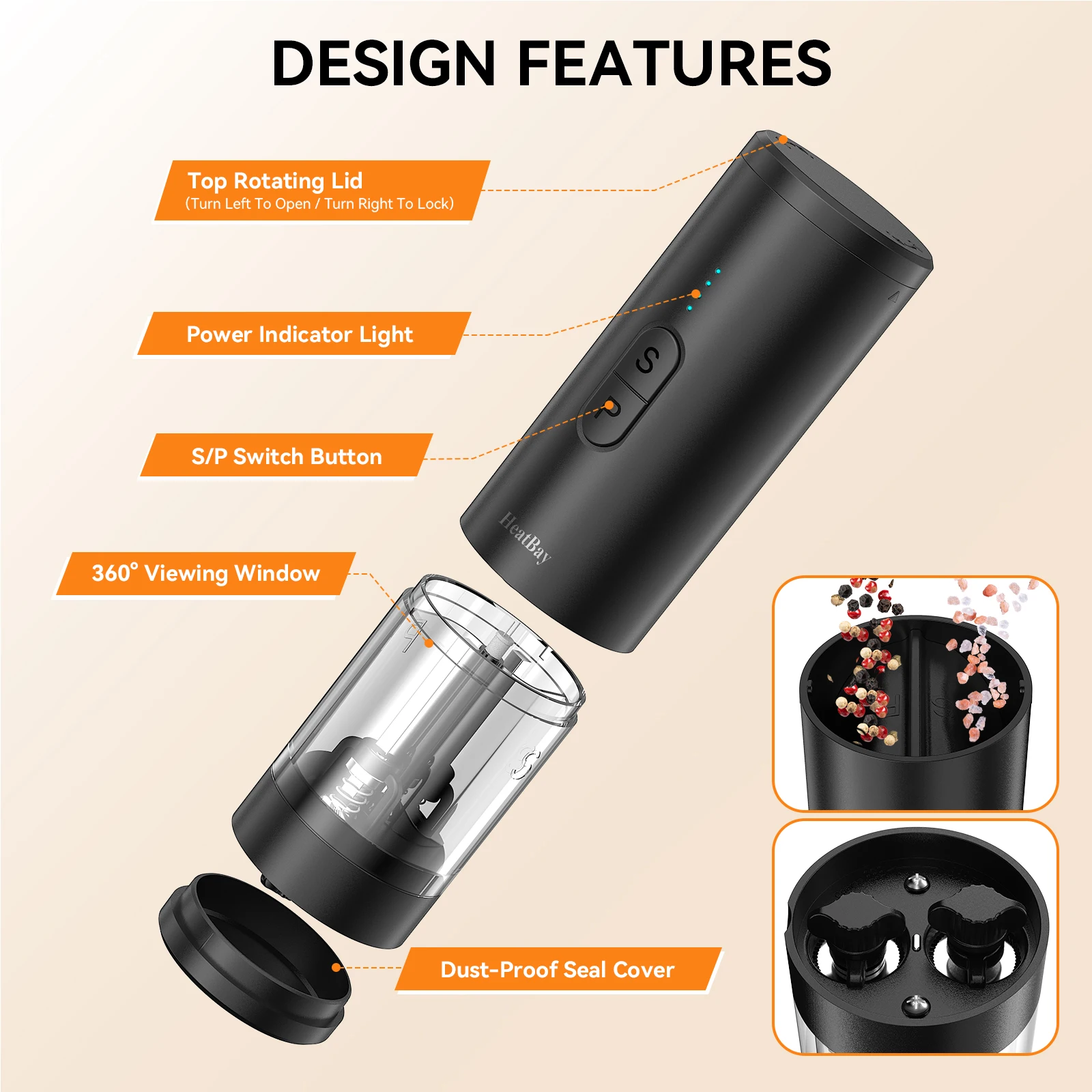 Electric Salt and Pepper Grinder Set 2 in 1 Rechargeable Type C Automatic Spice Mill Adjustable Coarseness LED Light One Touch view 6