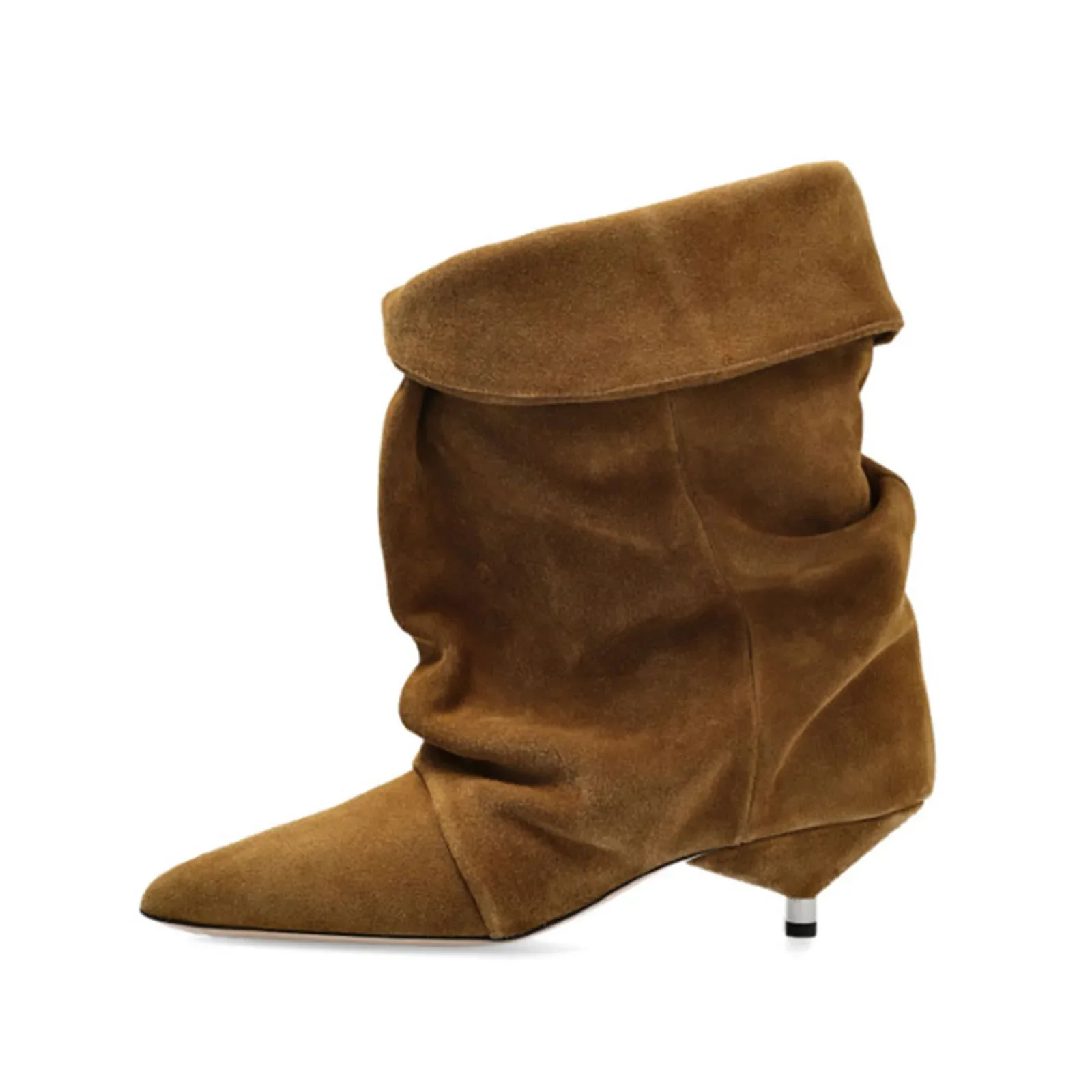 

2025 Brown suede Kitten heel Turned-over Edge cowboy boots Pointed toe Slip-on Pleated Coarse Heel Mid-Calf boots