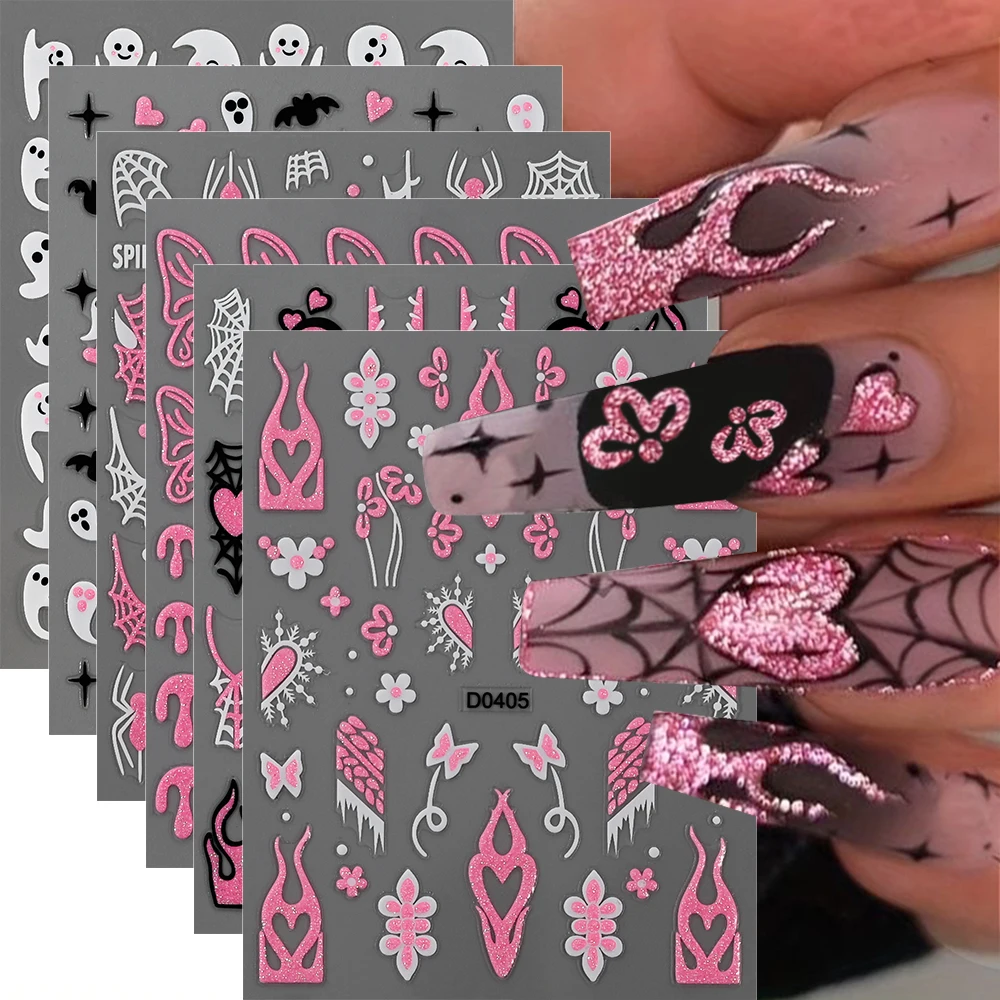6 pçs 3d rosa brilhos fantasma adesivos de unhas teia de aranha design francês adesivos glitter sliders decalques autoadesivos para halloweens