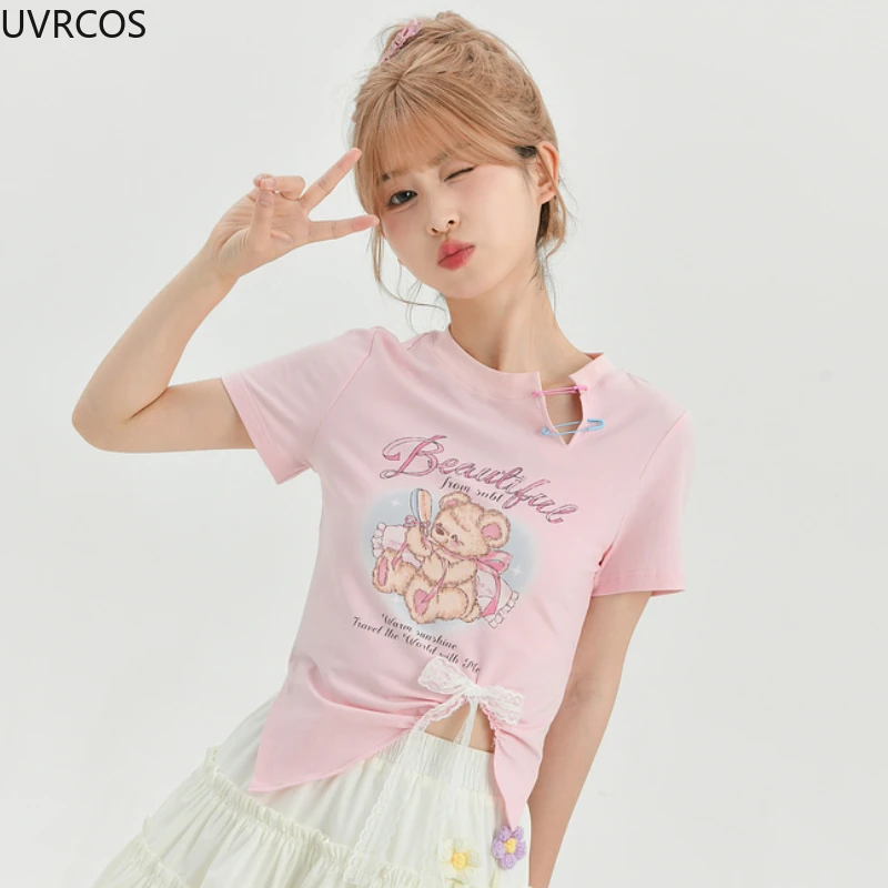 Sweet Cartoon Bear Print Lolita Crop Top Women Y2k Aesthetic O Neck Short Sleeve T-shirt Kawaii Irregular Lace Bandage Tees Tops