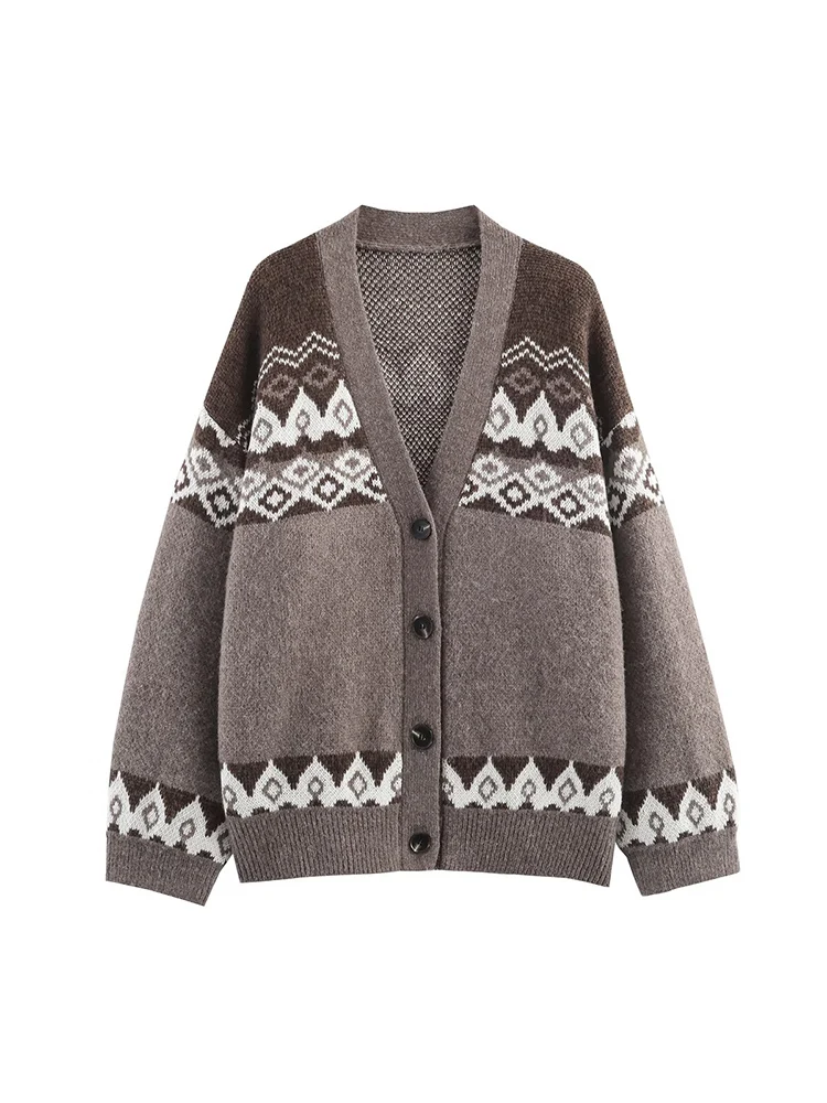 

Новый женский модный универсальный элегантный однобортный жаккардовый вязаный свитер/кардиган с v-образным вырезом в европейском стиле.