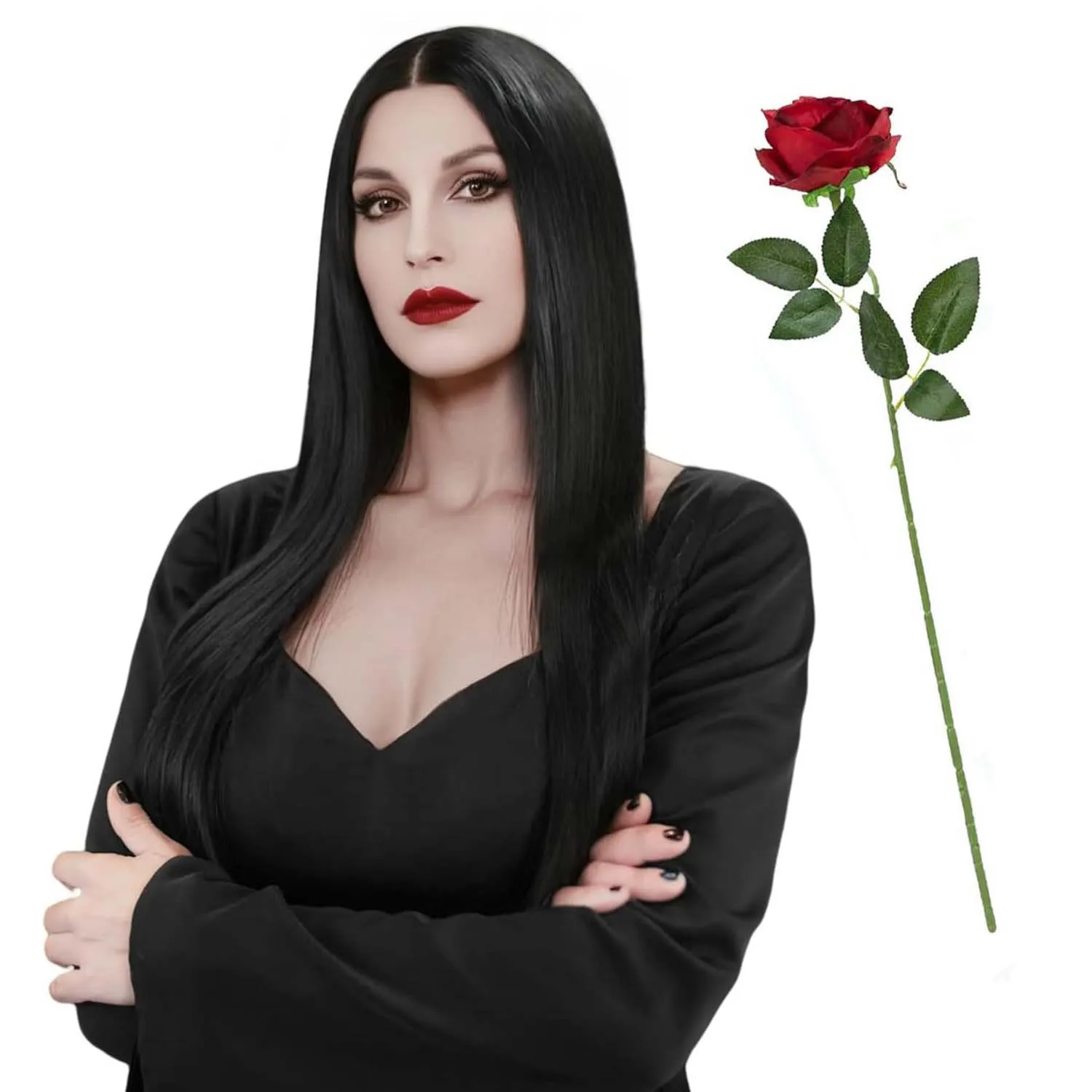 Synthetische lange zwarte pruik voor vrouwen Halloween kostuum 30'' rechte lange zwarte pruik natuurlijke schattige pruik voor vrouwen, Morticia Addams pruik