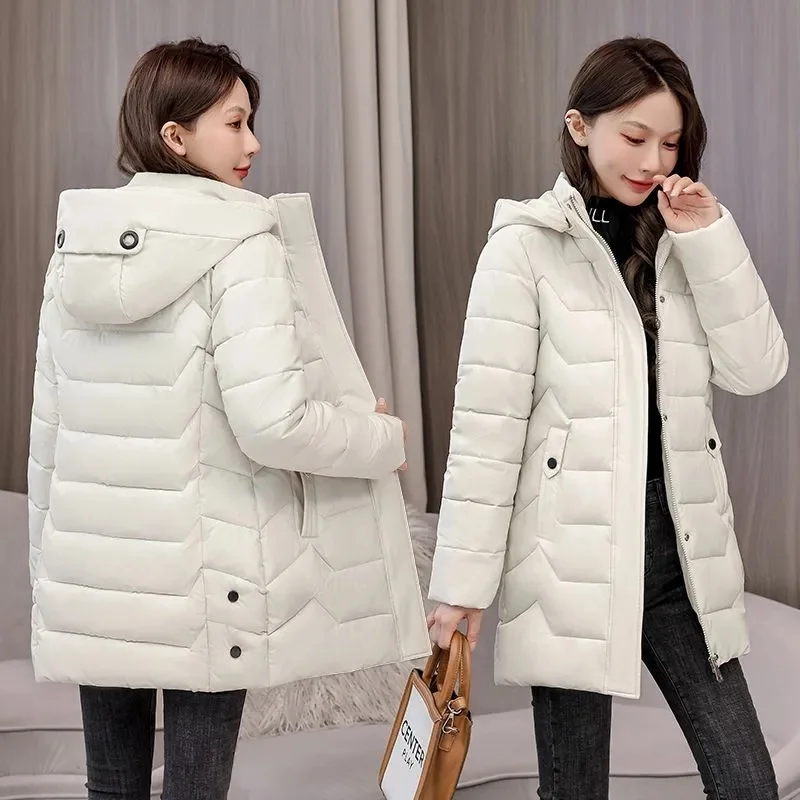 Long Slim Winter Ladies Cotton-Padded Jacket Warm 2025 New Winter Outerwear Hat Detachable Down Coat Women Parkas Large Size Top