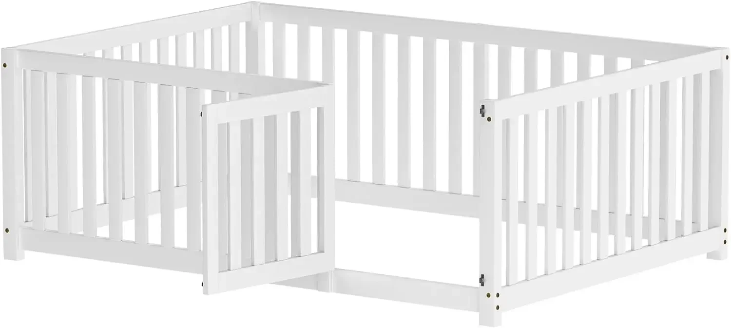 Full Floor Bed Frame for Kids Toddlers, Wood Montessori Low Floor Full Size Bed Frame with Fence Guardrail and Door