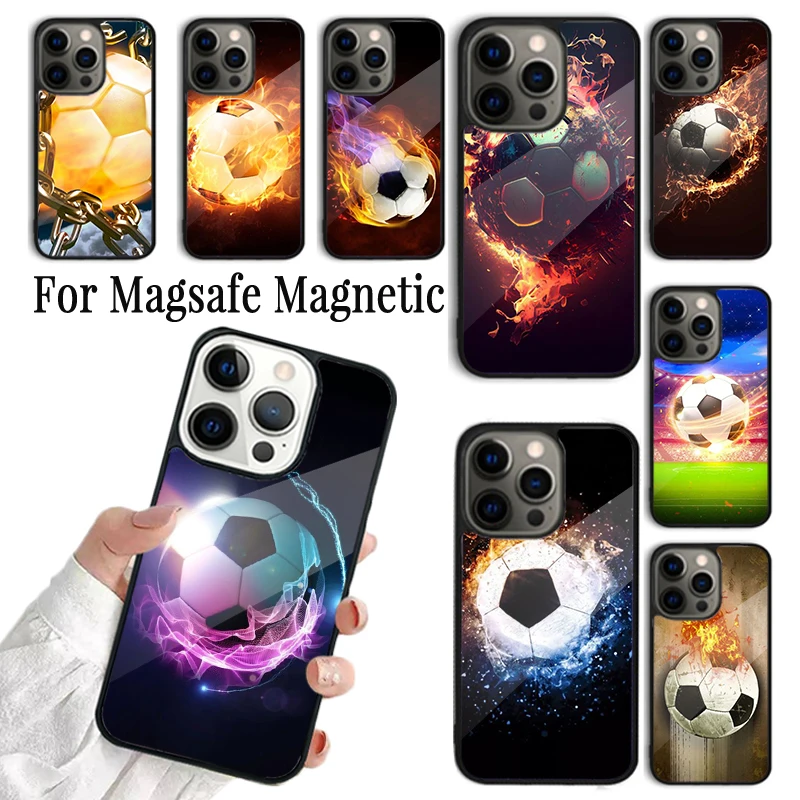 Phone Case For iPhone 16 15 14 13 12 11 Pro Max Plus Magsafe Magnetic Wireless Charging Cover Fire Football Skeleton Soccer Ball