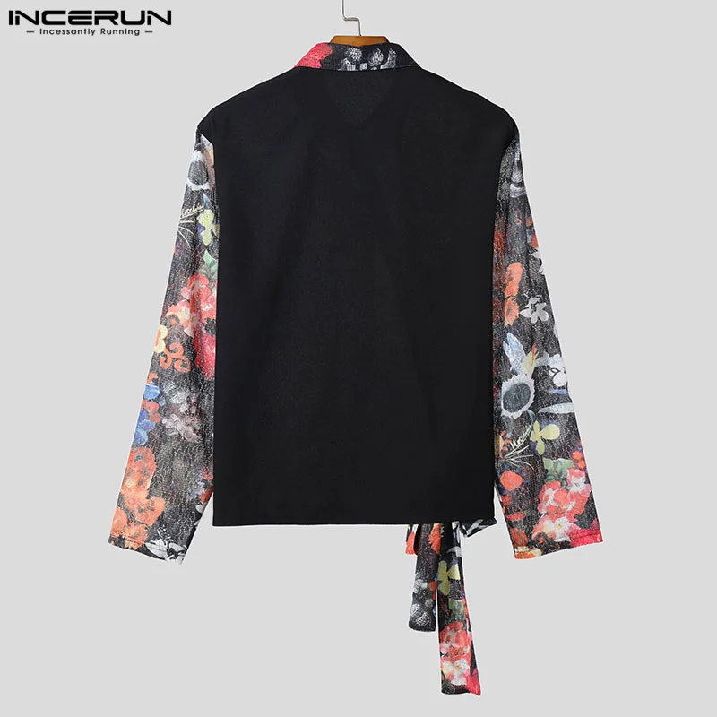 INCERUN Tops 2024 Fashion Men's Lace Floral Printed Shirts Casual Streetwear Cross Tie Design Long Sleeved Cardigan Blouse S-5XL