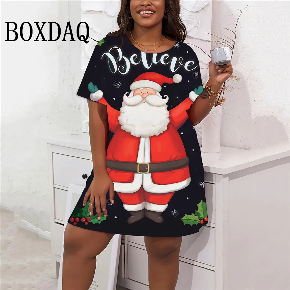2024 nuove donne vestito di natale simpatico cartone animato modello 3D stampato manica corta vestito allentato Plus Size abbigliamento Casual