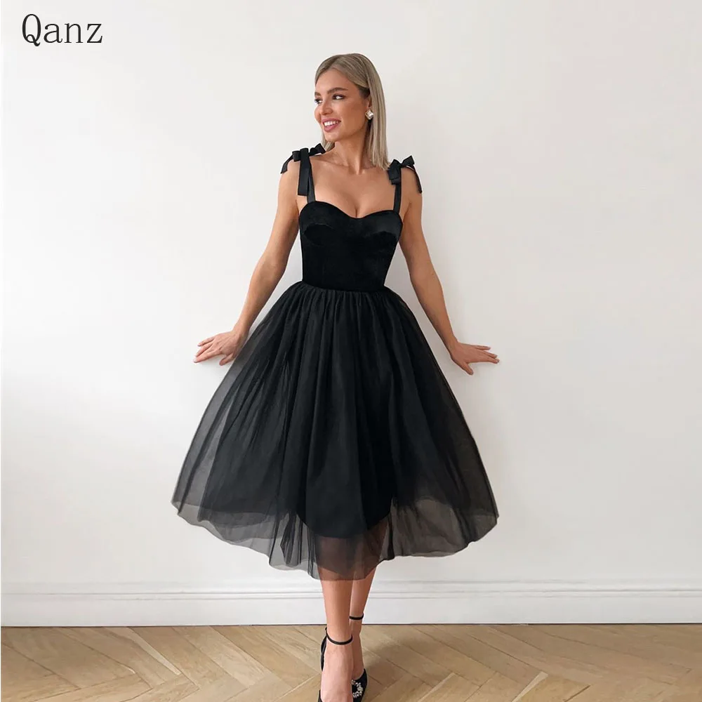 

Qanz Black Prom Dresses Tulle Spaghetti Straps Tea Length Party Dress Elegant A Line Short Robe De Soiree Femme Customized