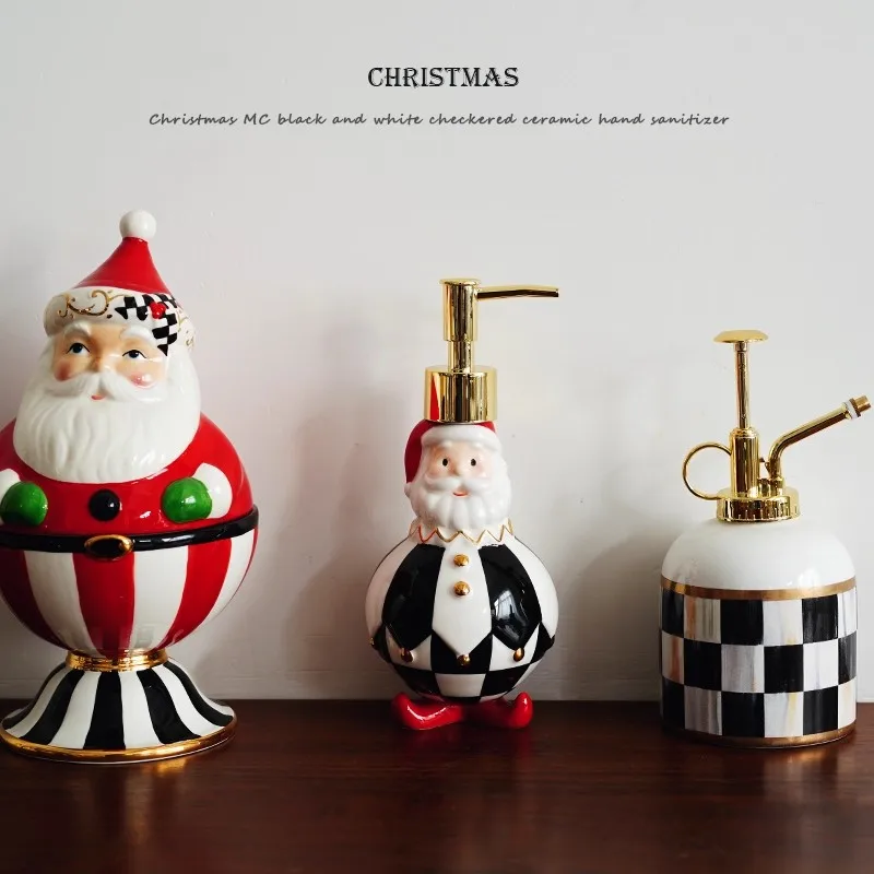

Hand-painted Black and White Chess Santa Claus Shape Ceramic Hand Sanitizer Bottle Bathroom Lotion Dispenser