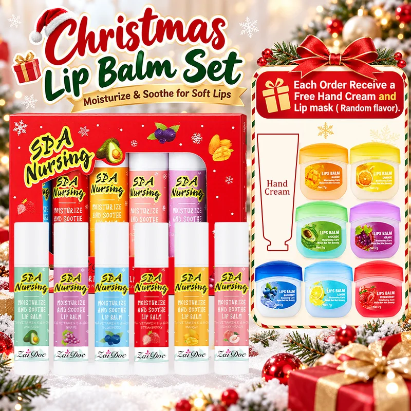 ZaiDoc Muti-Pcs Christmas Fruity Lip Balm Set Moisturizing Care Kit with Lip Mask and Hand Cream Hydrating Nourishing Long Lasting Balm for Dry Chapped Lips Christmas Gift for Women Girls