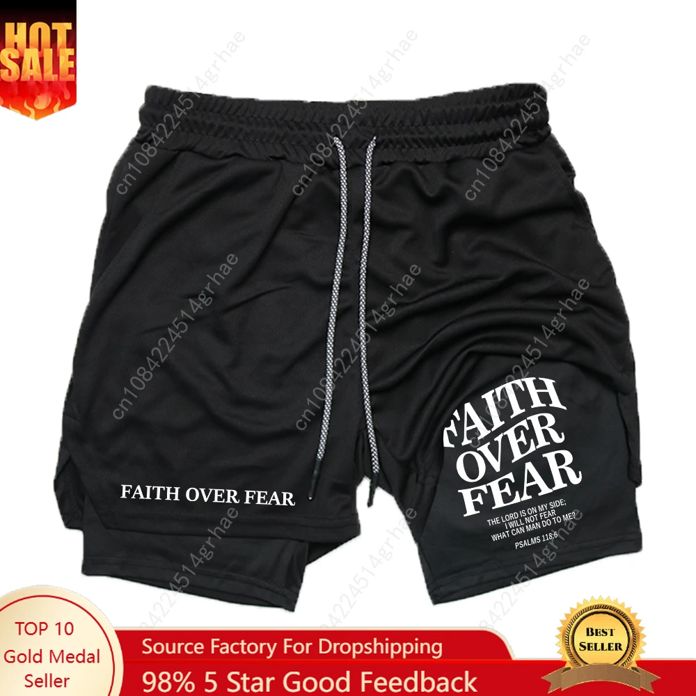 

Men's Workout Running Shorts Dual Layer Summer Athletic Faith Over Fear Letter Print Shorts For Training Outdoor Sports Summer