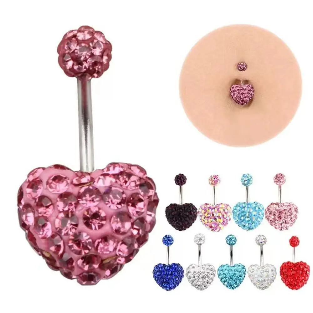 Double Gem Button Surgical Steel Multi Crystal Navel Rings Heart Belly Bar Body Piercing Fake Belly Ring