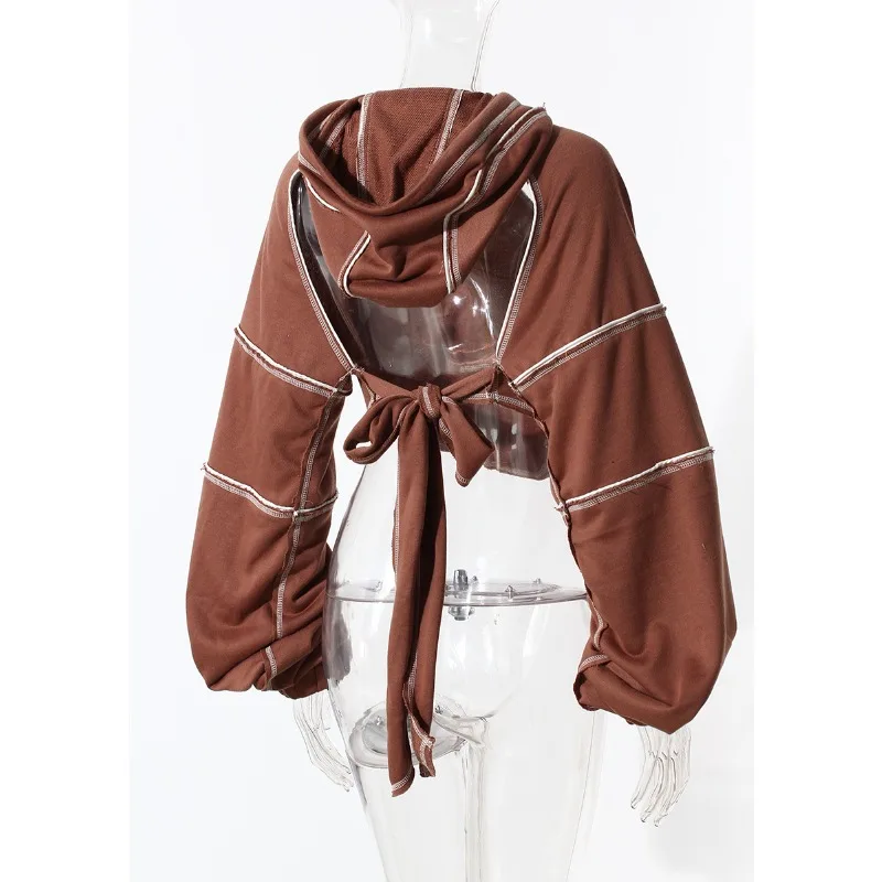 Women's Spring Autumn Blouse Sweatshirt Top Long Sleeve Canopy Stacked Hooded Short Outwear Design Luxury Brand Simple Fashion