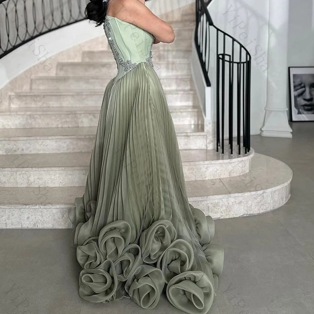 فساتين سهرة مخصصة على شكل حرف A بطول الأرض بدون حمالات بدون أكمام فستان حفلات موضة زهور كريستال بسيط ثنيات للحفلات