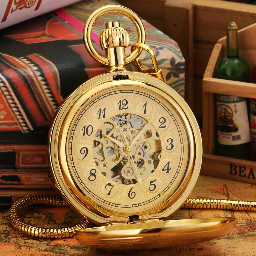 Men's Automatic Mechanical Pocket Watch Luxury Gold Copper Double Hunters Arabic Numerals Dial Snake Chain Pendant Antique Gift