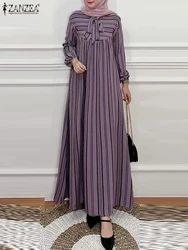 ZANZEA Hijab Turkey Striped Vestidos Bow Tie Nek 2025 Spring Muslim Islamic Long Sleeve Abaya Robe Seam Detail Women Maxi Dress