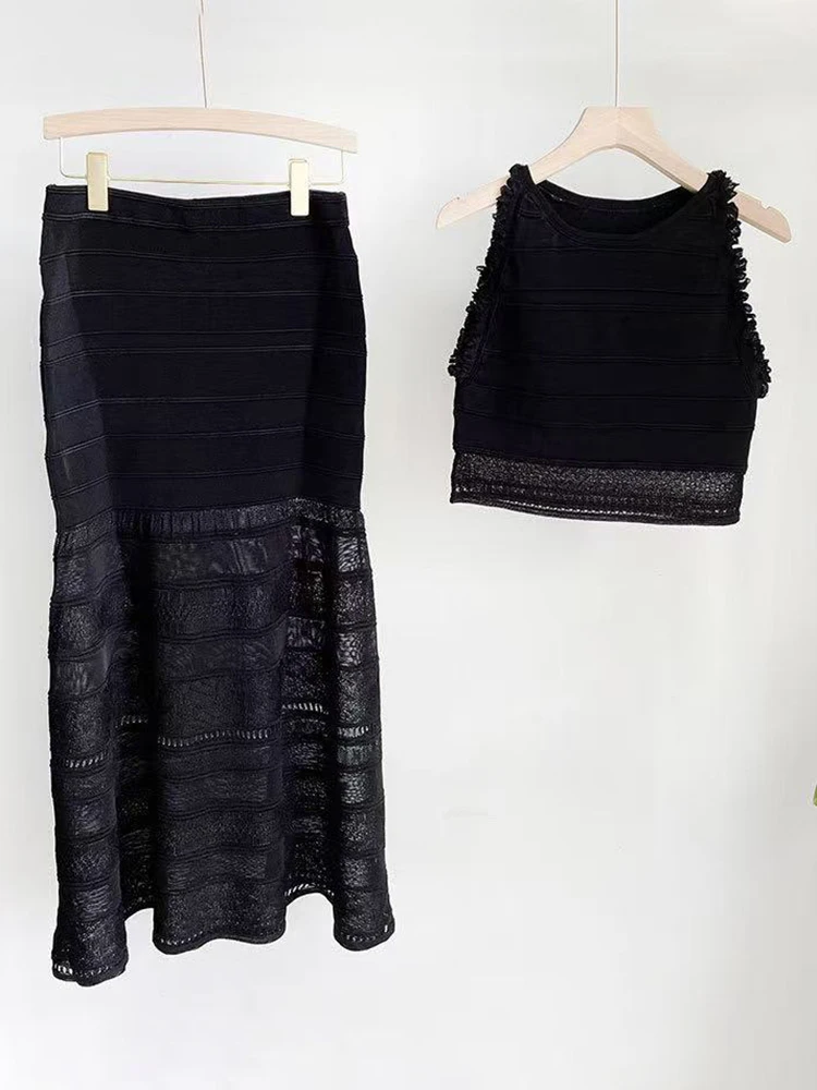 

Летний новый модный черный комплект в полоску для женщин, элегантный короткий топ без рукавов с круглым вырезом или юбка-миди трапециевидной формы с высокой талией