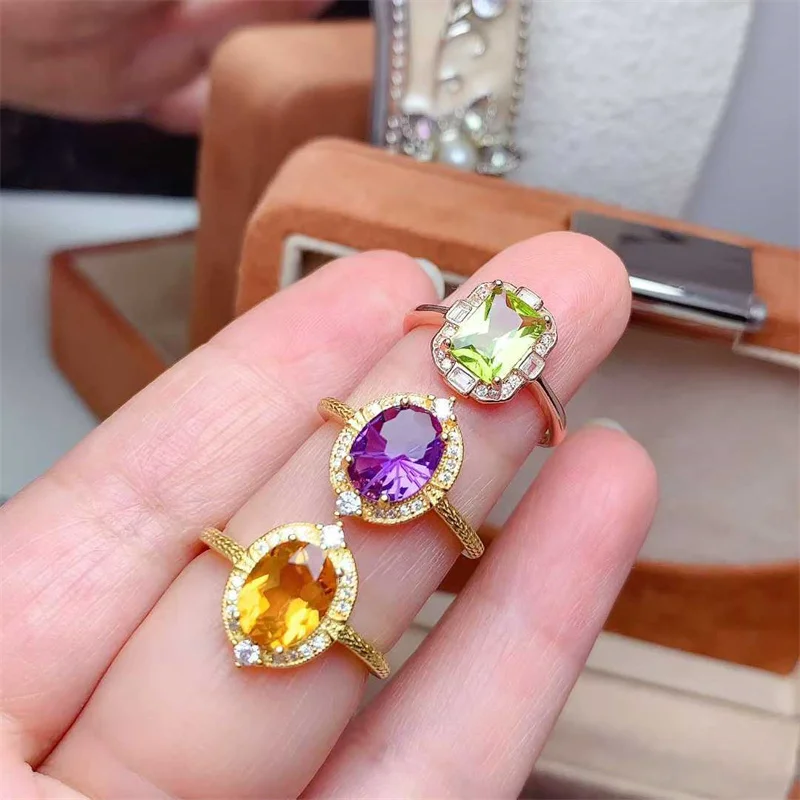 

Настоящее кольцо из стерлингового серебра S925 для женщин и девочек, кольцо с натуральным горгусным цитрином, перидотом, аметистом и драгоценным камнем с сертификатом