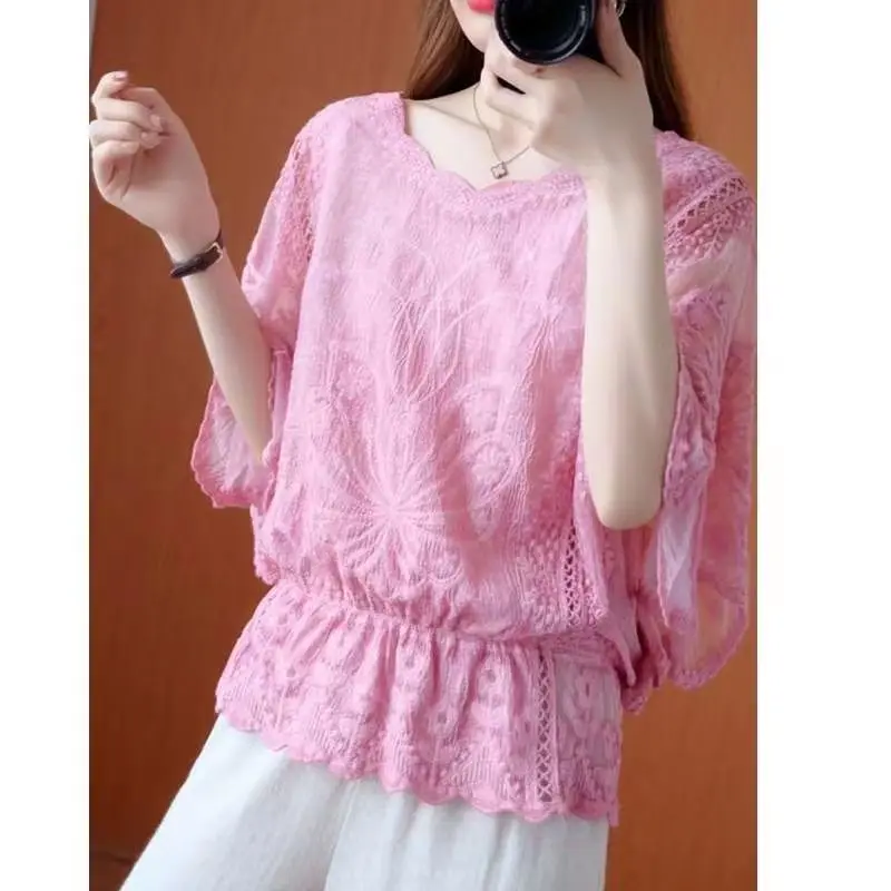 2023 Summer New Loose Fashion Gauze Batwing Sleeve Solid Shirt Female Clothing Casual All-match Embroidery O-Neck Waist Blouse