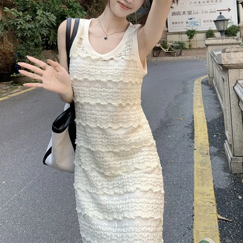 

French Style Lace Spliced Sleeveless Sundress Summer Solid Color Female Clothing O-Neck Aura Fashionable Hollow Out Long Dress