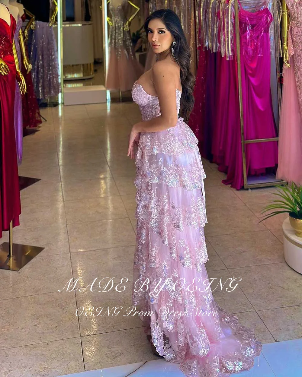 OEING Glitter Baby Pink Prom Dress Sexy V Neck Appliques Lace Side Slit Ladies Evening Dresses Formal Gown Vestidos De Fiesta