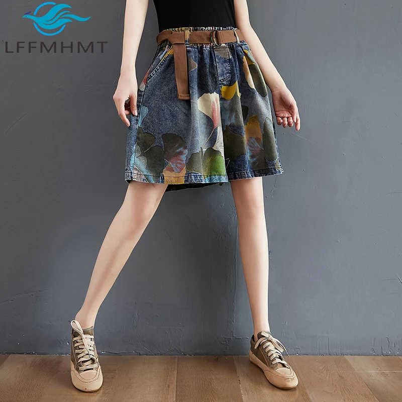 9021 Vintage Printing Denim Shorts for Women Summer Fashion Elastic Waist Loose Casual A-line Comfortable Half Length Pants
