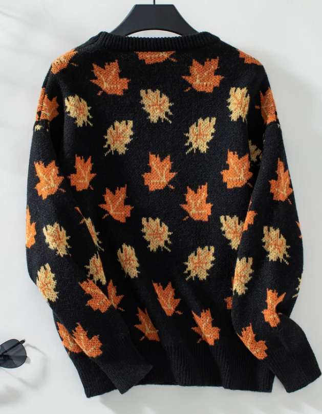 Autumn and Winter Fashion New Sweater Casual Round Neck Loose Sweater Maple Leaf Pattern Jacquard Casual Pullover for Women