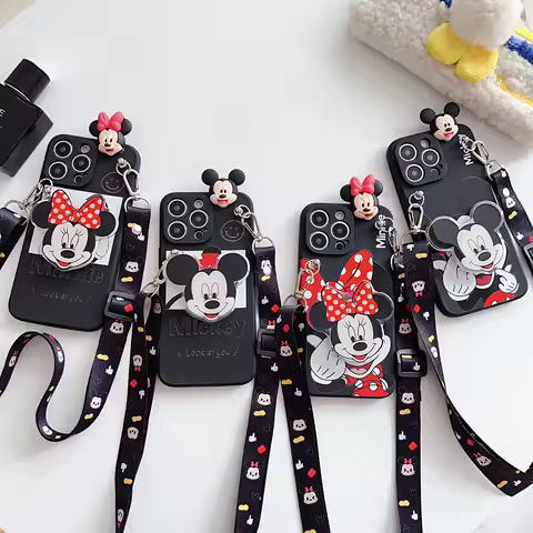 For Samsung Galaxy S8 S9 S10 S20 S21 S22 S23 S24 S25 Plus Ultra FE Note 8 9 10 20 Hand Heart Minnie Case With Holder Rope