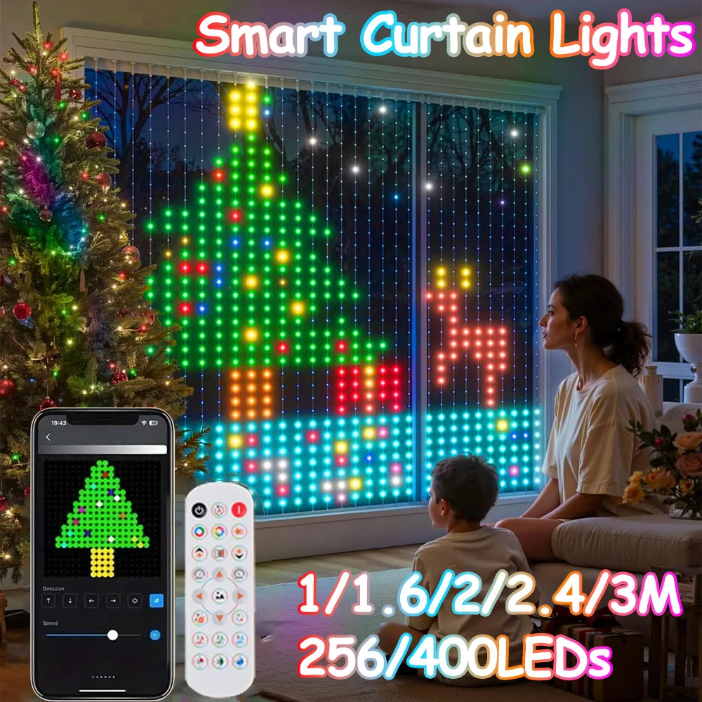 2025年クリスマスギフト-スマートカーテンライト-400led-フェアリーライト-アプリ制御-diyパターン-防水-室内-屋外パーティー装飾用