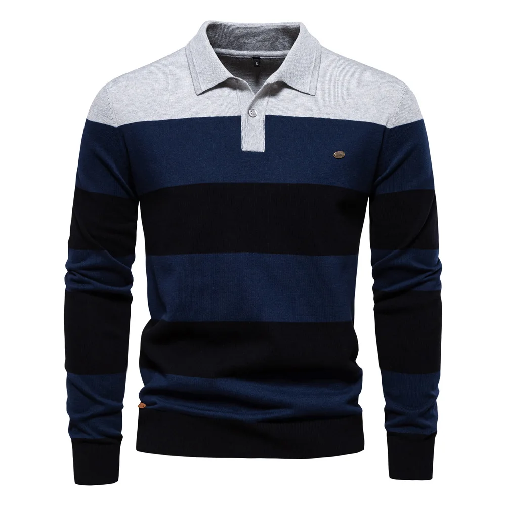Men Polo Shirts Knit Striped Sweater Long Sleeve Jumpers Streetwear Turn Down Collar Button Sweaters Spliced Pullovers Tops