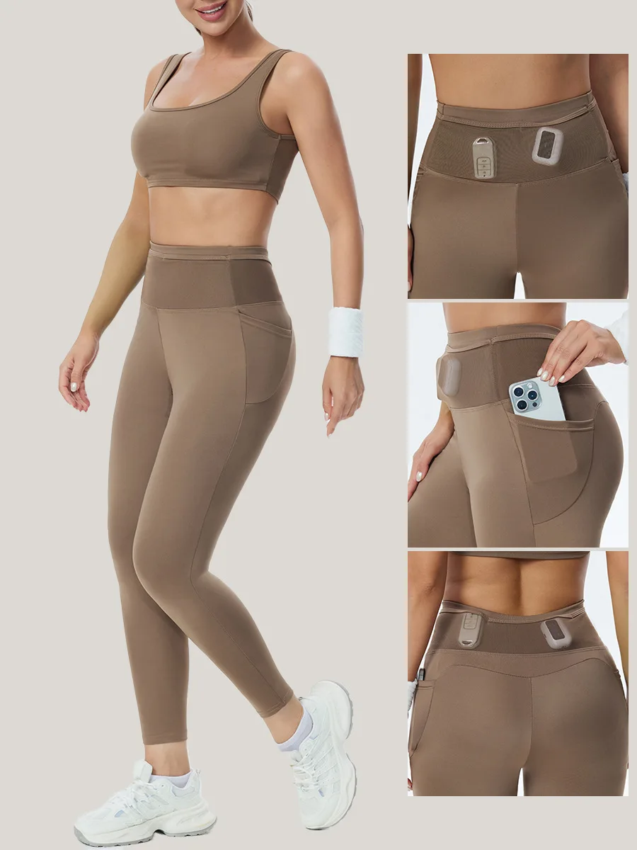 Women's 2-Piece Fitness Yoga Set Tight Mesh Crop Top High Waist Solid Color Shark Leggings Workout Outfit Outdoor Camping Gea