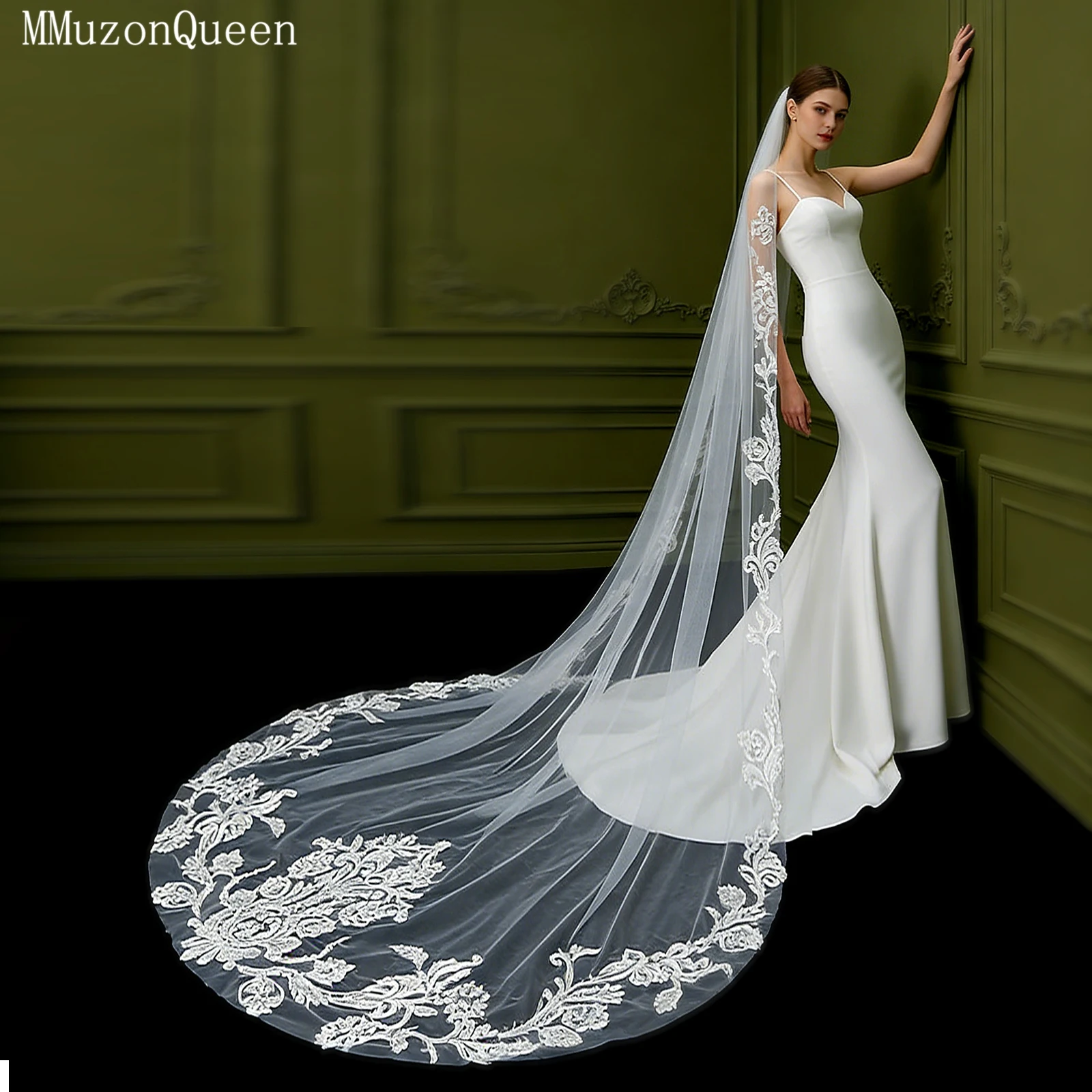 TOPQUEEN Cathedral Wedding Veil With Lace Appliques Long Embroidered Bridal Veil Single Layer Lace Edge Customizable V62
