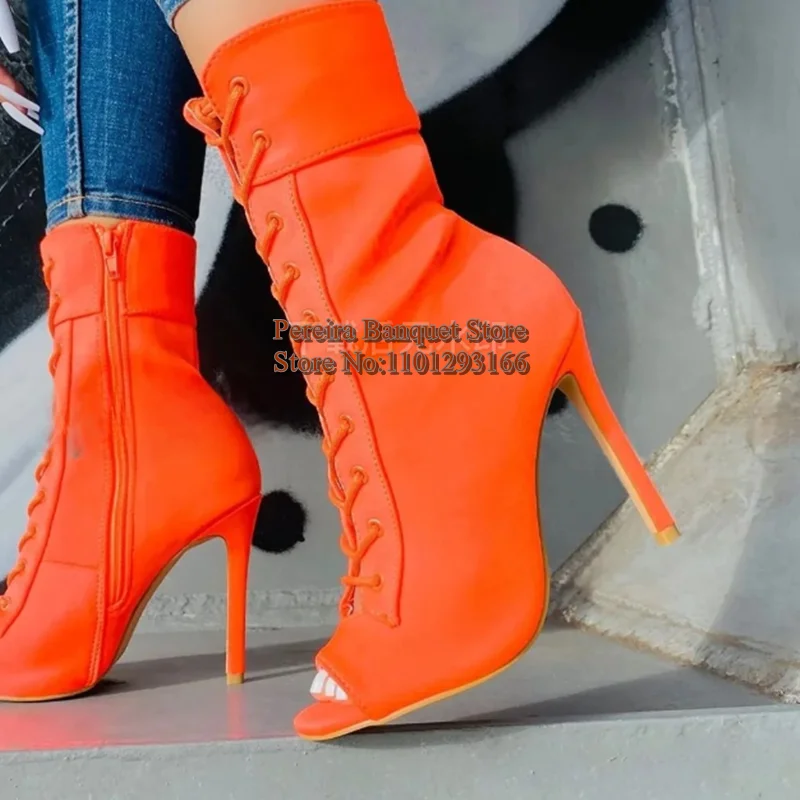 

Neon Yellow Stretch Lycra Women Ankle Boots Thin High Heel Open Toe Lace-up Short Booties High Tie Cover Heels Footwears