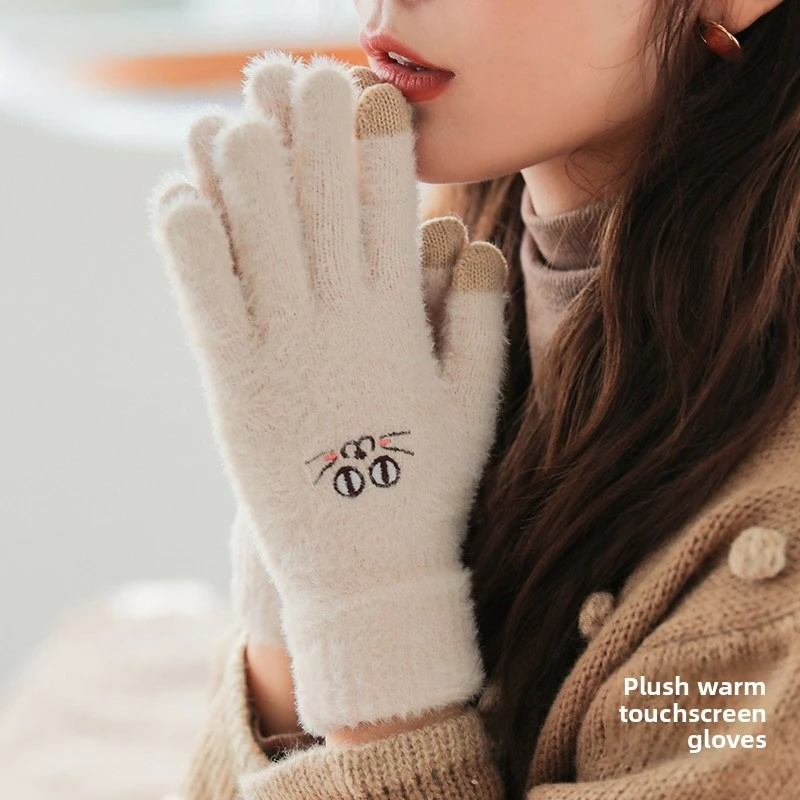 قفازات محبوكة دافئة من القطيفة في الخريف والشتاء قفازات نسائية لركوب الدراجات سميكة مقاومة للرياح والباردة تعمل باللمس قفازات تحديد الأصابع