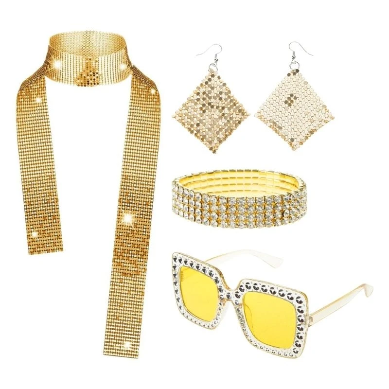 R1WE – ensemble déguisements Disco des années 70, chapeau scintillant, lunettes soleil longue écharpe,