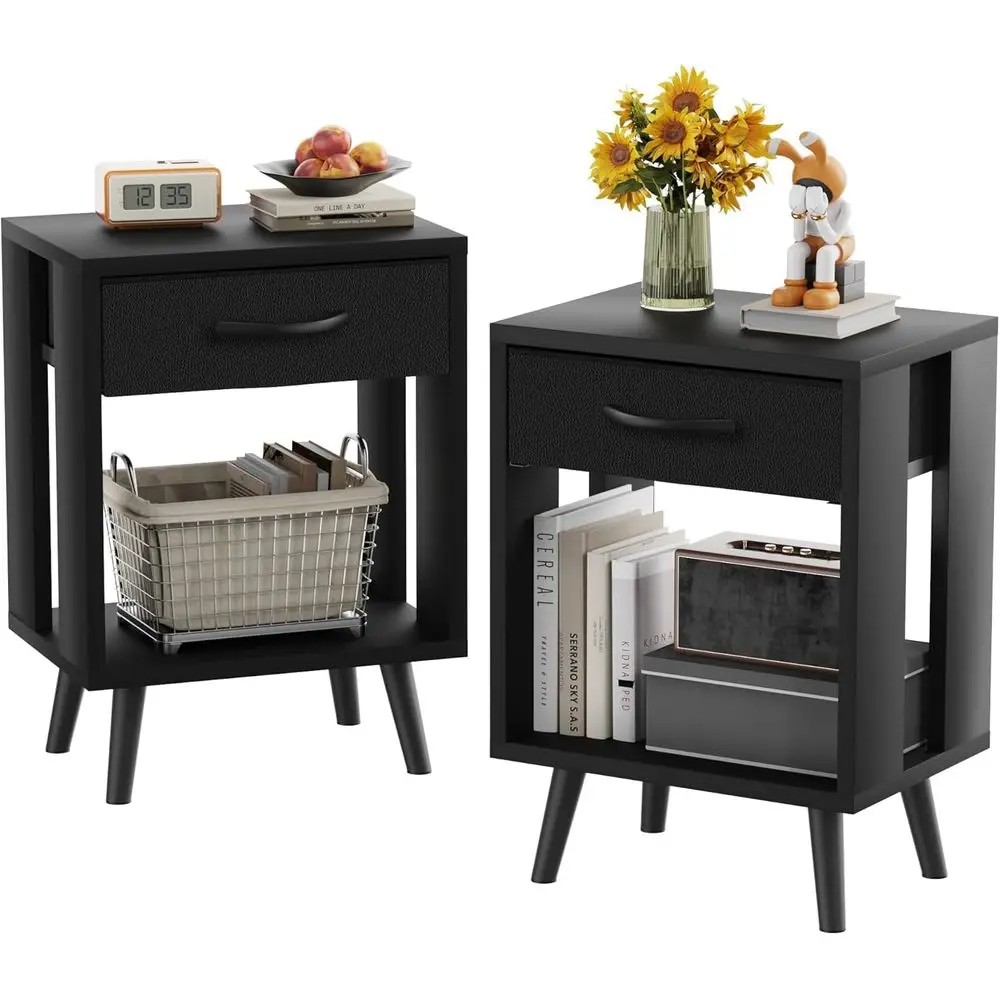 Set of 2 Black Fabric Nightstands with Open Wood Shelves, 15.7L x 11.8W x 24H, Ideal for Lamps and Books