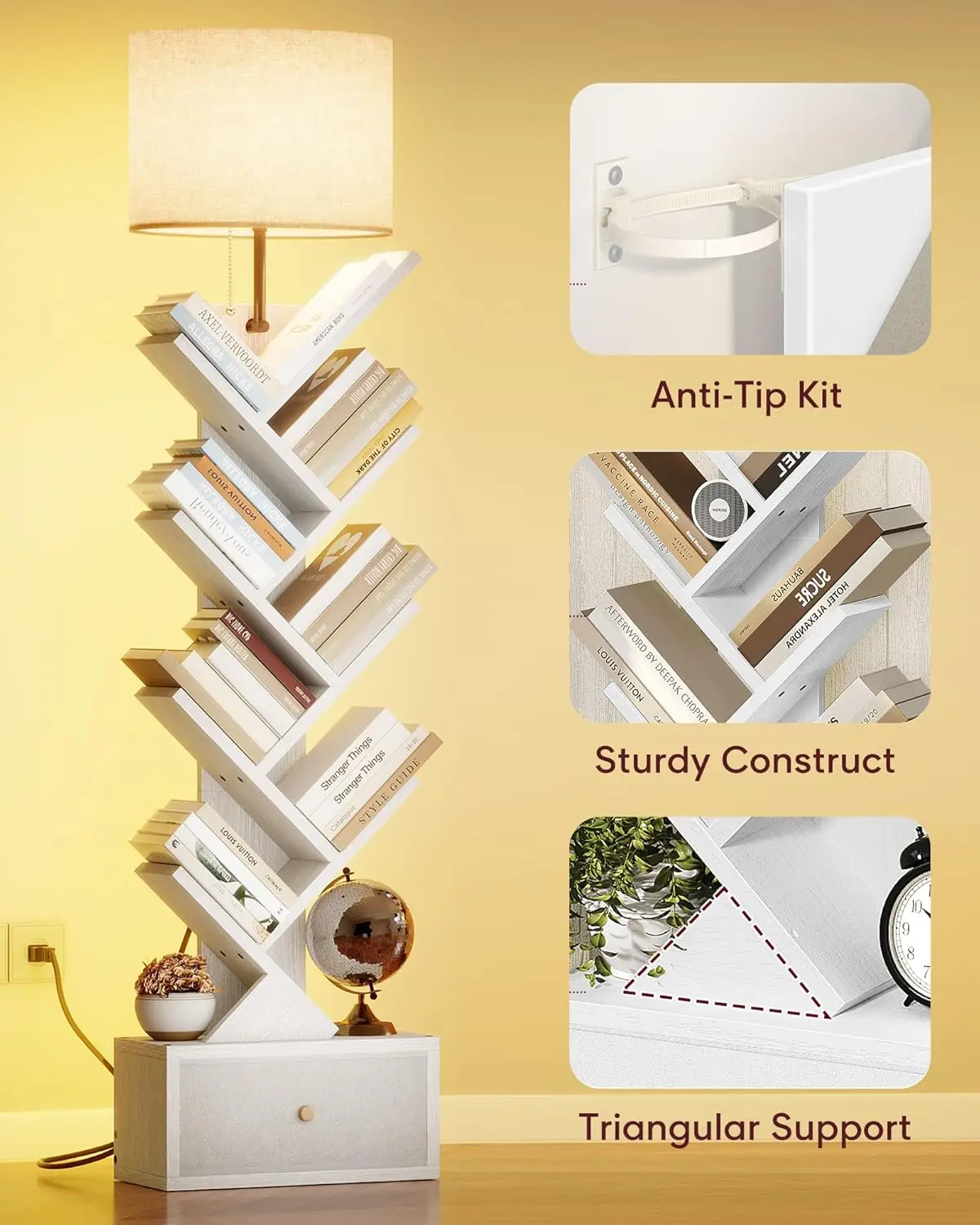 9-Tier Tree Bookshelf with Light & Drawer, Space-Saving Storage for Books/CDs, White