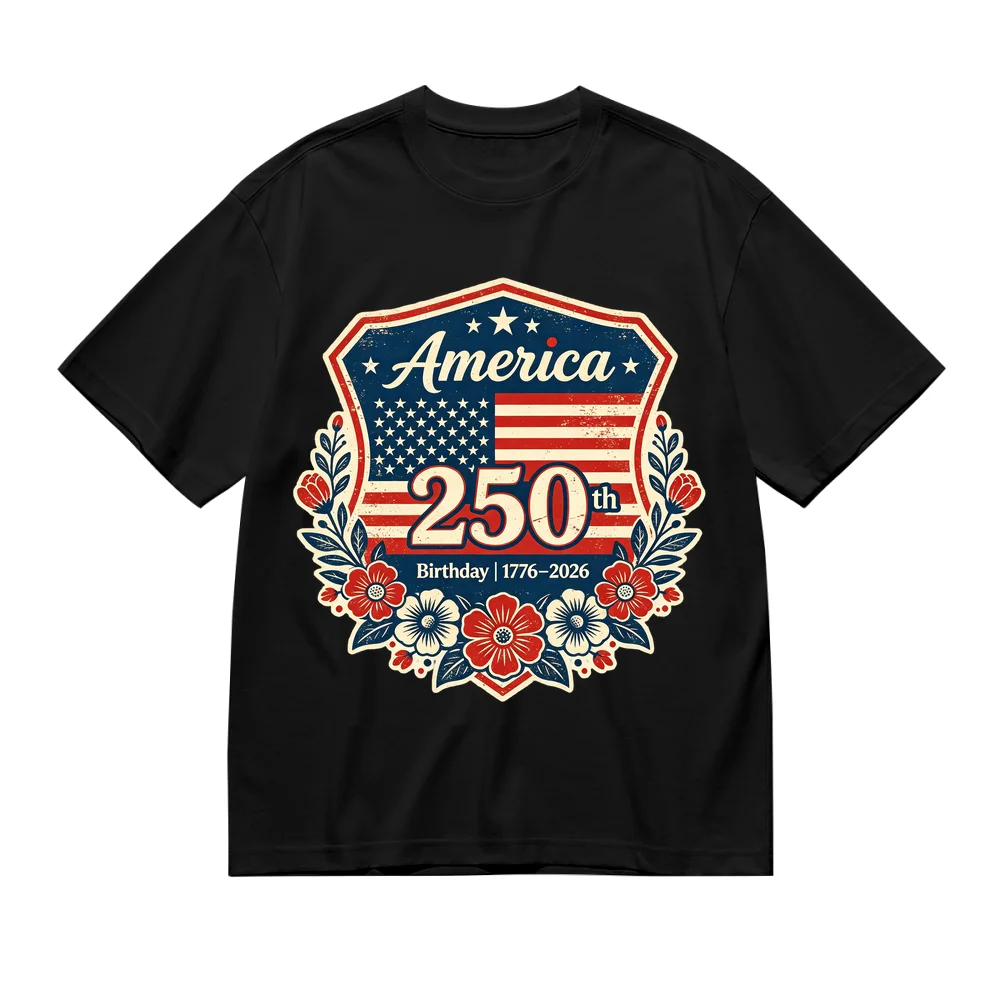 Unisex America 250th Birthday 1776 2026 Patriotic Tee Floral US Flag Tops Shirt Graphic Short Sleeve Casual Crew Neck T-Shirts