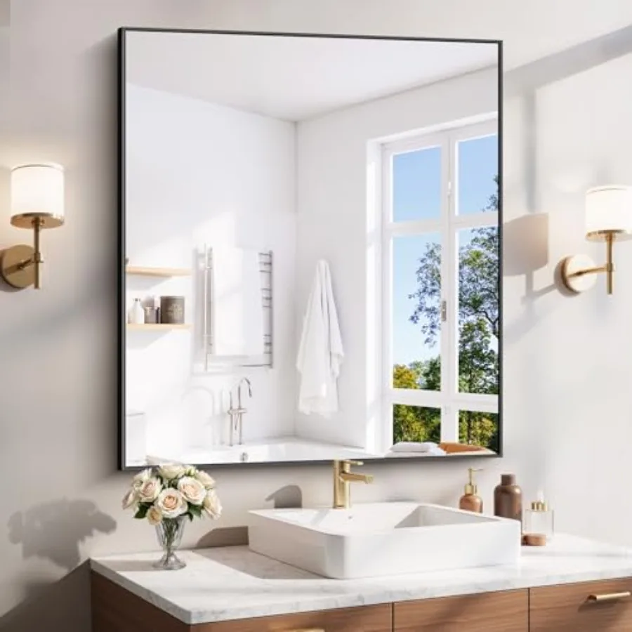 

Bathroom Mirror 36x40 Matte Black Aluminum Frame Rectangular Vanity Mirror for Over Sink with Right Angle Shatterproof Wall Mir