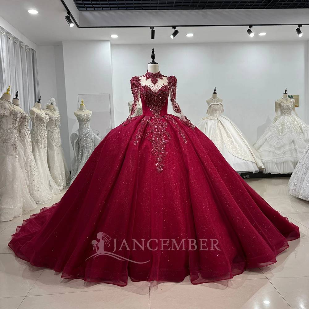 

Exquisite Ball Gown Red Wedding Dresses For Woman Sparkle High Collar Princess Formal Bridal Gowns Customized платье св