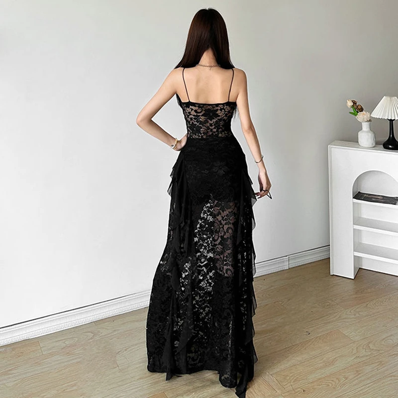 Gothic Lace Camis Dress for Women Summer Sexy Hollow Out Patchwork Split Midi Dress Y2K Streetwear Slim Irregular Party Vestidos