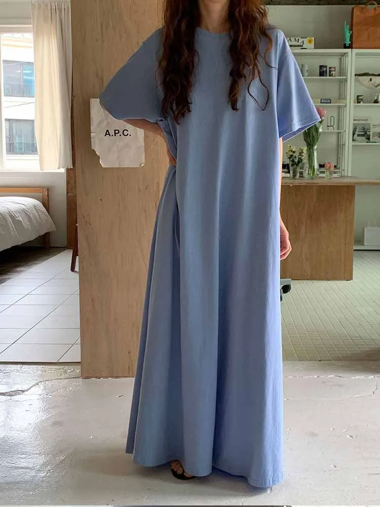 T-shirt bleu longueur au sol pour femmes, nouveau Design ample, jupe longue Dr Fre et Ele, pause thé, été 2024