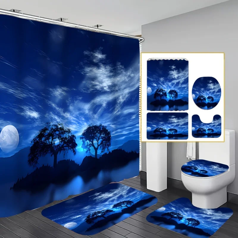 1/4pcs Blue Starry Sky , Decorative Bathroom Set Including Waterproof Shower Curtain, Non-slip Floor Mat, Toil