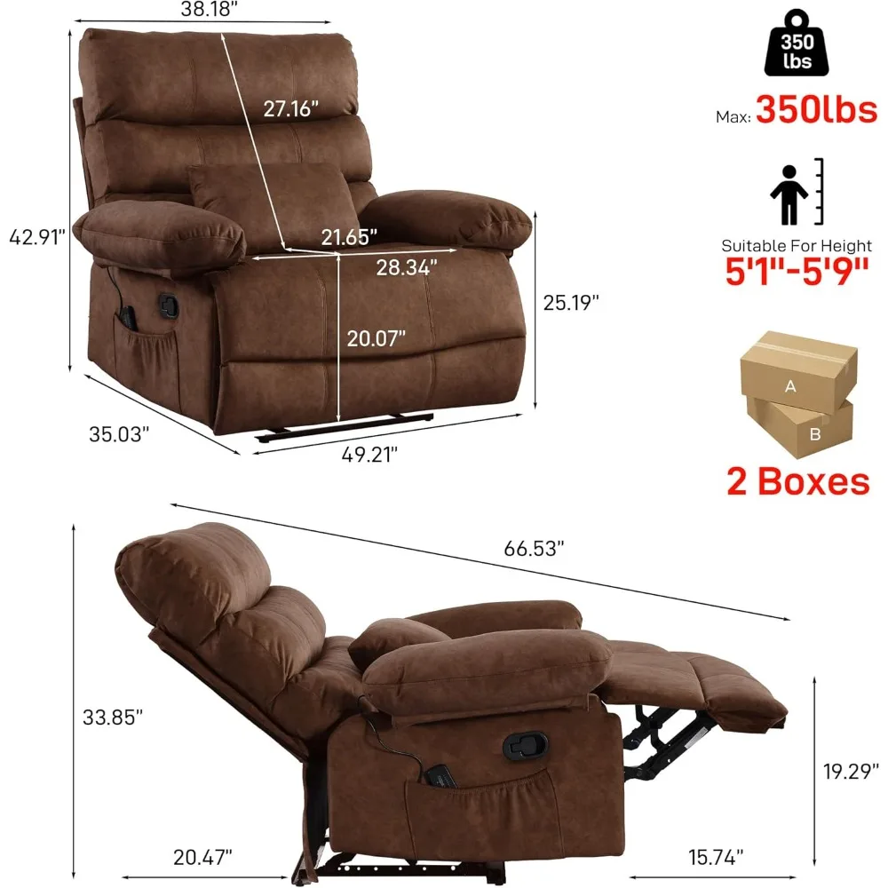 Recliner Chair, Plus Size 28 inch Large Wide Seat Manual Flannel Recliner with Pockets, Massage Heated Pillow 350 lb Capacity